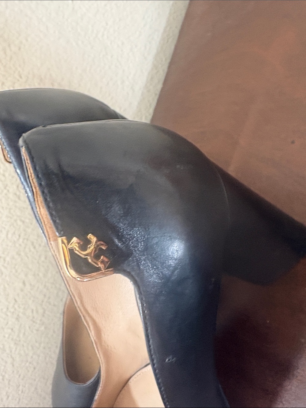 Tory Burch Black Leather Round-Toe Heels with Gold Accent - Picture 6 of 8
